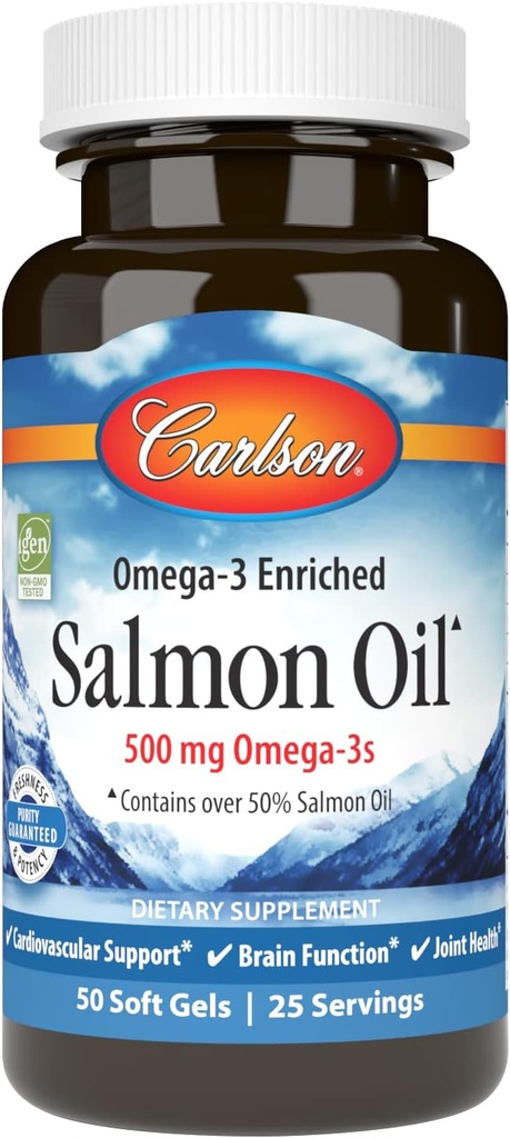 Carlson Lachsöl, 500mg Omega-3s, Wild-Caught Norwegisches Fischöl, Sustainable Sourced, 50 Softgels