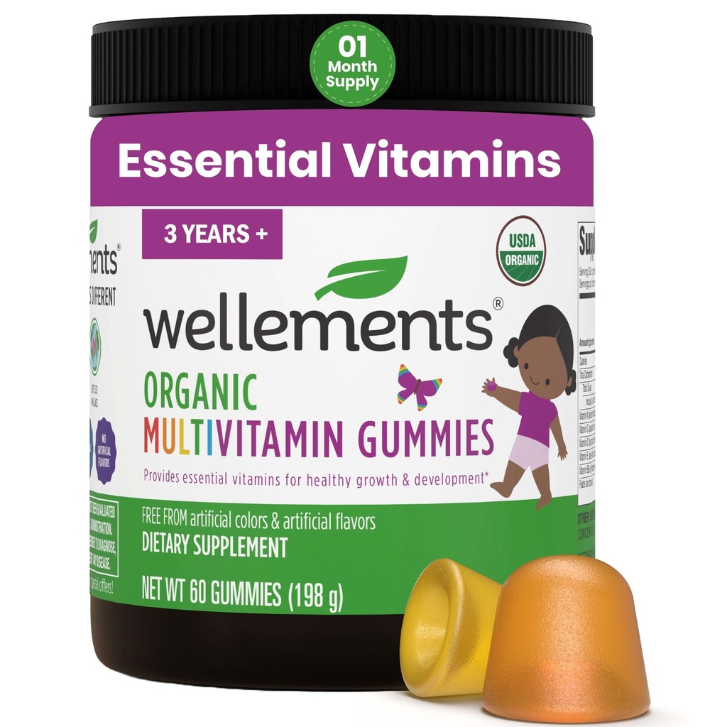 Wellements USDA Organic Kids Multivitamin Gummis 60 Ct (3+ Jahre) | Essential Kids Vitamine A, B, C, D, E & Zinc | Unterstützt gesundes Wachstum & Entwicklung* | Non-GMO, keine Gluten & keine künstlichen Farben