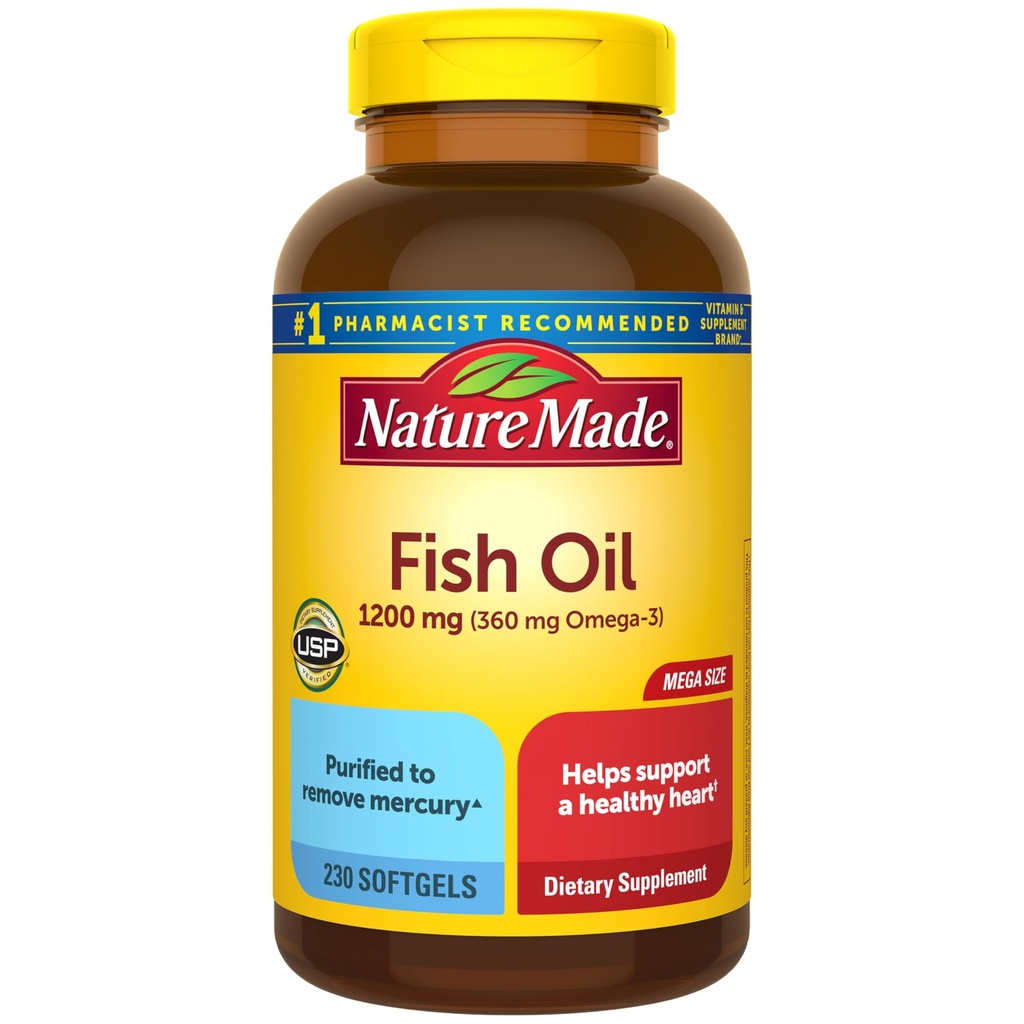 Huile de poisson nature Omega 3 suppléments, 1200 mg de softgels, Omega 3 huile de poisson pour un soutien cardiaque sain, 230 softgels, 115 jours d'approvisionnement