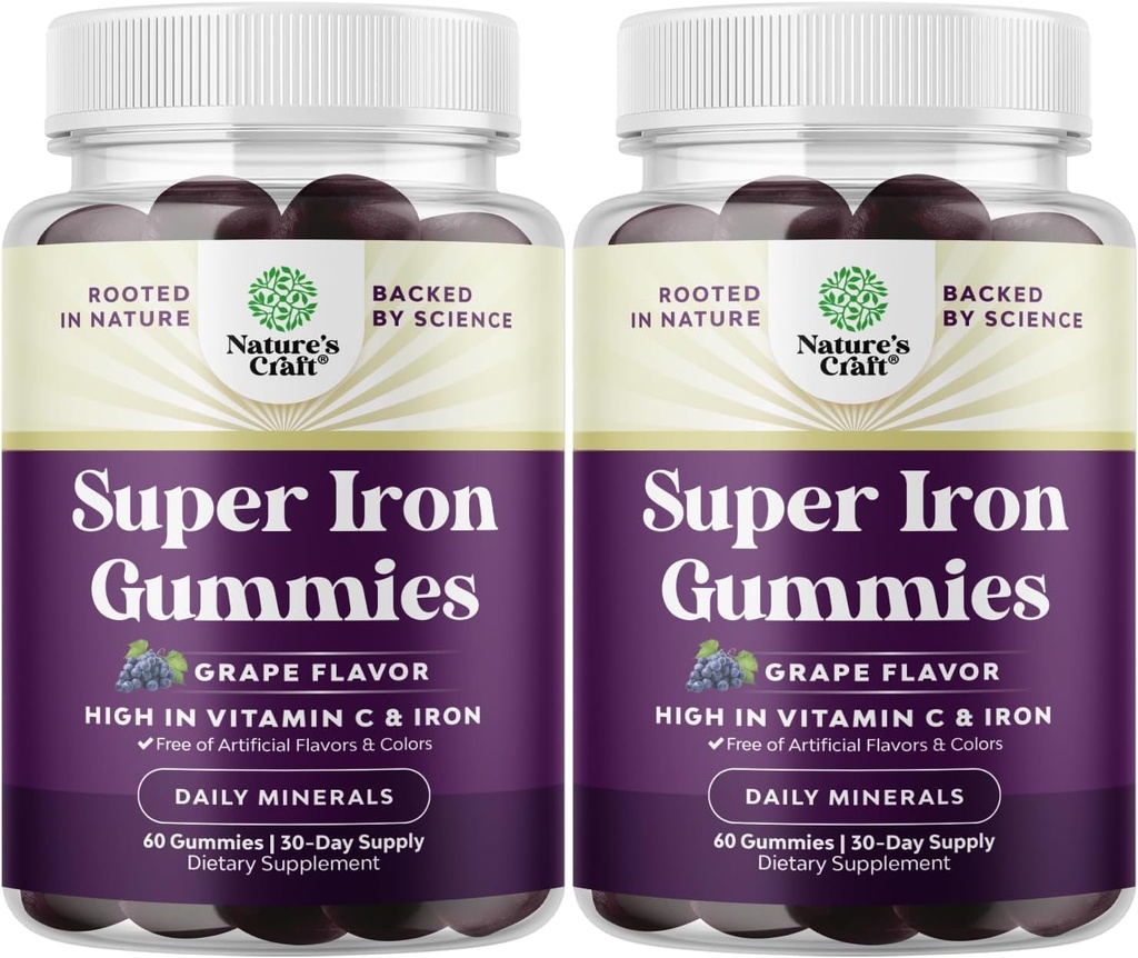 Extra Stärke Eisengummis für Frauen und Männer - Potent 45mg pro Servieren Kaubare Eisenergänzung für Frauen und Männer mit Vitamin C Höhere Absorption - Vegan Daily Gummy Erwachsene (60 Servietten)