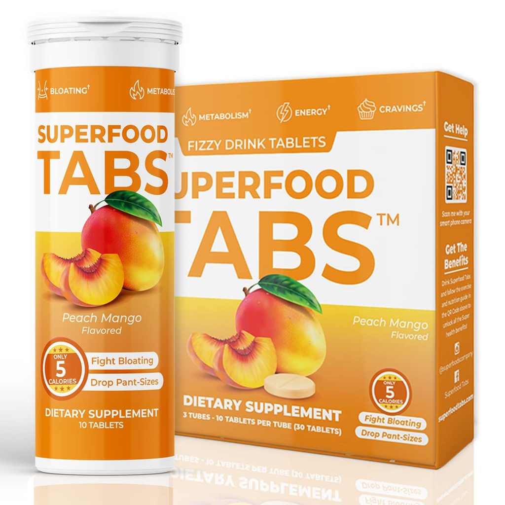 Superfood Tabs skinnytabs Anti-Bloat Cleanse Getränk mit 15 Superfoods | Unterstützt Verdauung, Energie & Cravings | Vegan, Non-GMO | 30 Effervescent Tabs – Peach Mango Flavor