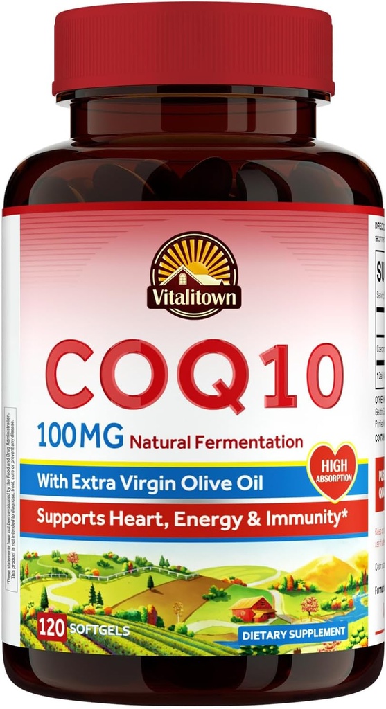 Vitalitown CoQ10 100mg, mit extra nativem Olivenöl, maximale Absorption, Coenzym Q10-Ergänzung, keine Gluten, Nicht-GVO, für Antioxidantien & Herzgesundheitsunterstützung, 120 Softgels