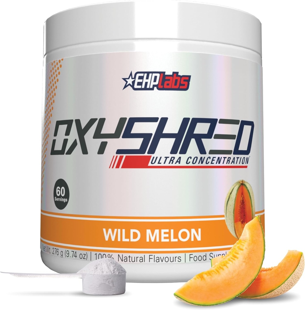 EHP Labs OxyShred Pre Workout Powder & Shredding Supplement - Preworkout Powder mit L Glutamine & Acetyl L Carnitin, Energy Boost Drink - Wild Melon, 60 Servierungen