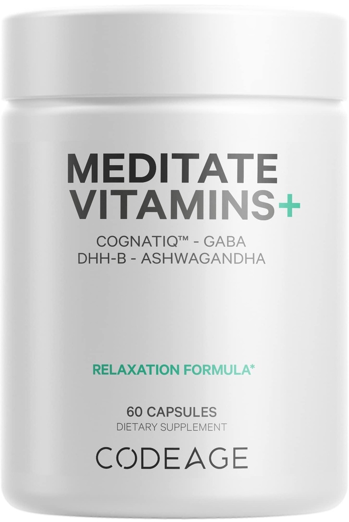 Codeage Meditate Vitamins+ Supplement - CognatiQ, DHH-B, GABA, Ashwagandha, Bio Pilze, Blaubeeren - BDNF Brain Pillen und Neuroprotein - Vegan, Non-GMO, Gluten-Free - 60 Kapseln