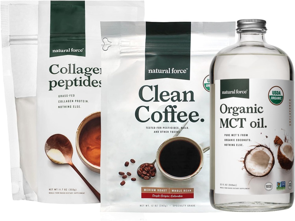 Natural Force Organic Clean Coffee + Collagen Peptides + Organic MCT Oil Bundle – Toxin Free Coffee, Grass Fed Collagen, & MCT - Non-GMO, Keto, & Paleo - 12 Oz, 11.7 Oz, 32 Oz