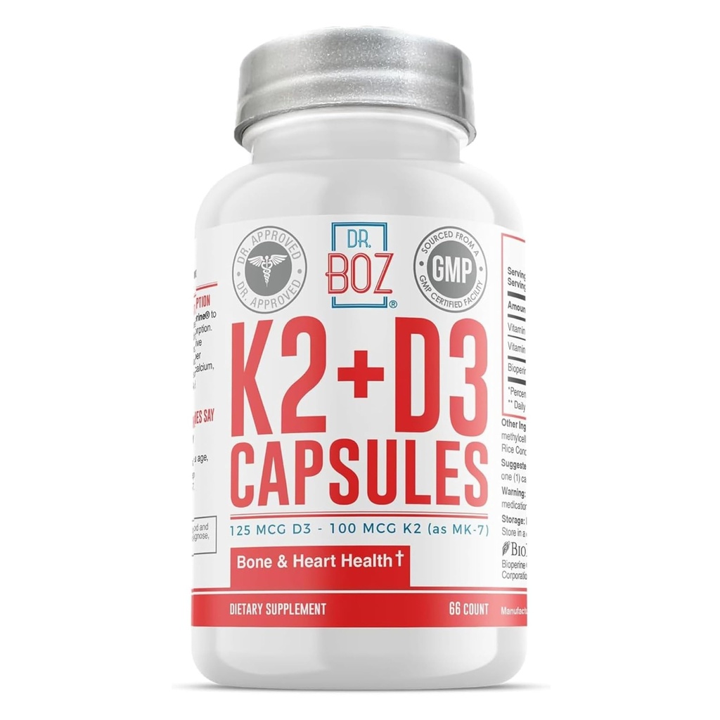 Dr. Boz - K2+D3 Kapseln, 66 Portionen - Vitamin D3 K2 Ergänzung mit BioPerine - Knochen & Herz Gesundheit - Verbesserte Absorption - Qualität getestet - Made in USA - 5000iu (D3) - 400iu (K2) - Selbstversorgung