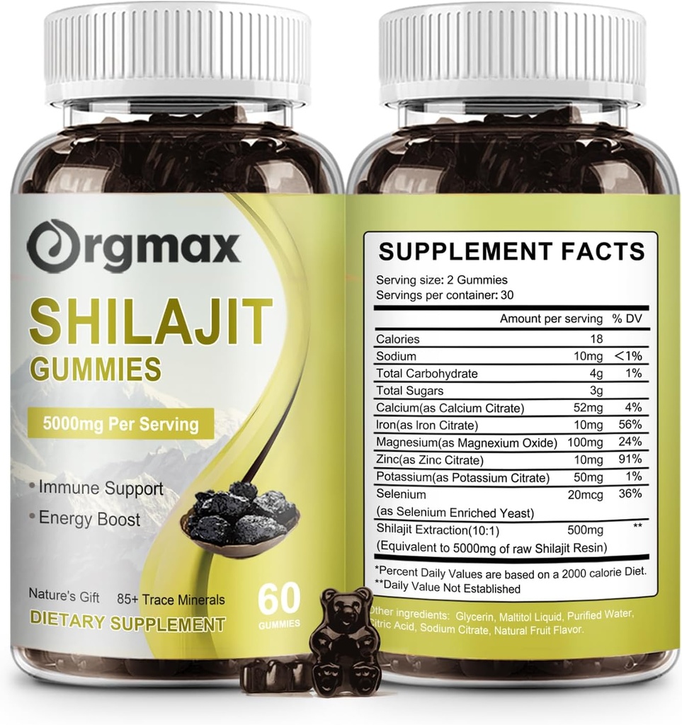 Shilajit Pure Himalayan Organic Shilajit Gummis,5000MG Shilajit Ergänzung für Männer & Frauen mit 85+Trace Minerals & Fulvic Säure,Unterstützung für Fokus, Energie & Immune, Non-GMO|60 Count,2 Packungen