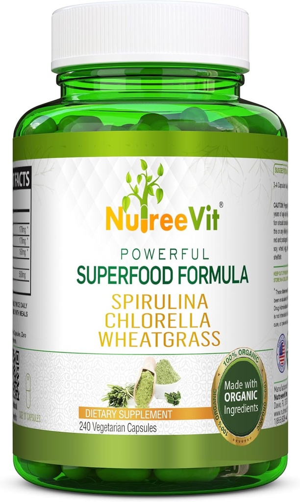 NutreeVit Pure 100% Bio Spirulina + Chlorella + Weizengras - Leistungsstarke Superfood - Veggie Kapseln | 500mg