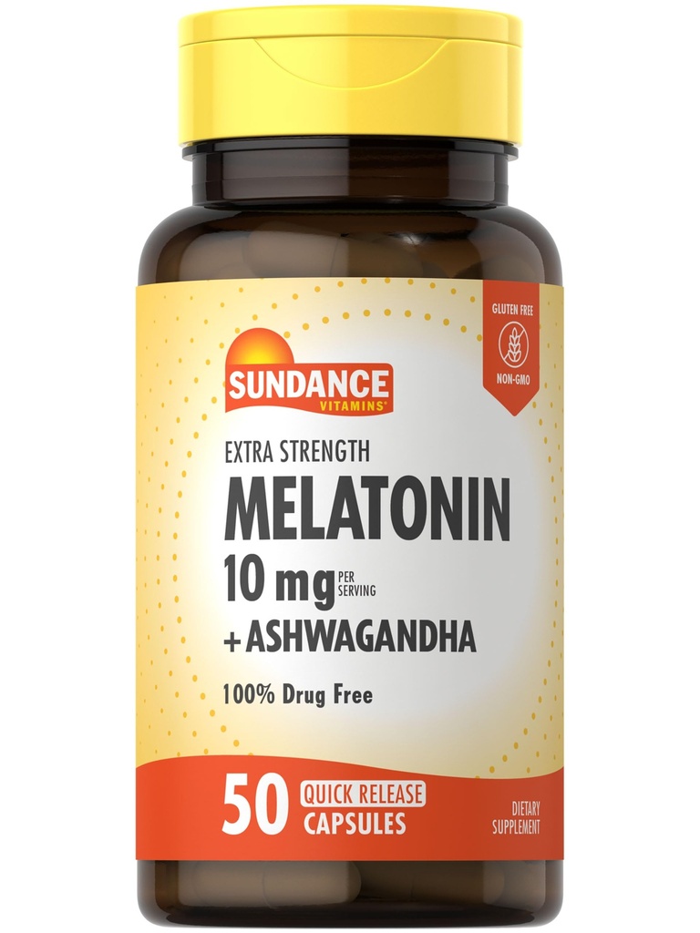 Sundance Melatonin 10mg avec Ashwagandha , 50 Capsules , Supplément sans OGM et sans gluten