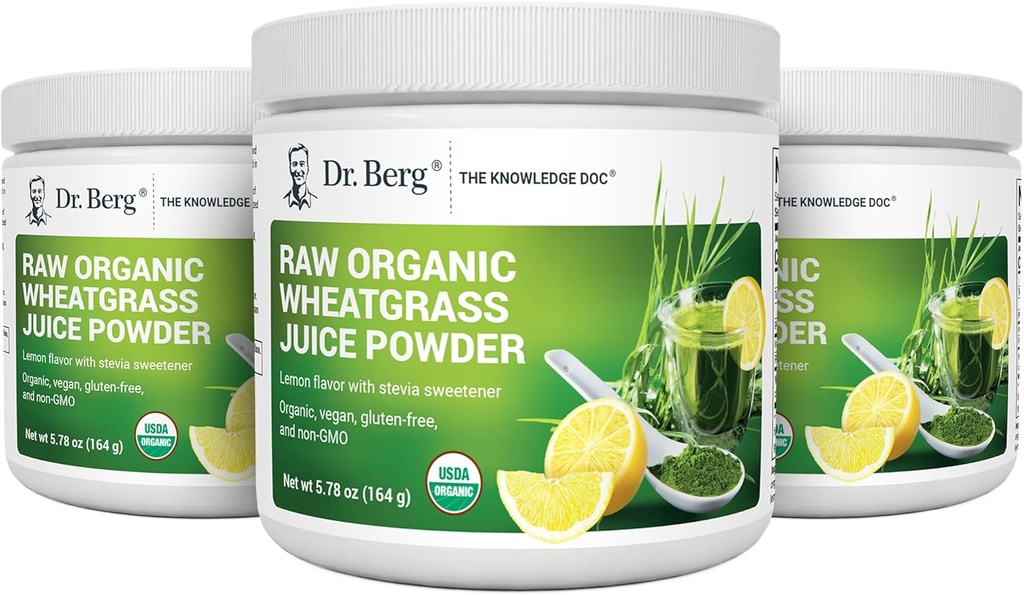 Dr. Berg's Raw Wheatgrass Juice Powder (60 Servierungen) - USDA Certified Organic Wheatgrass Powder w/ Chlorophyll, Trace Minerals & Natural Enzymes - Ultra-Concentrated - Lemon Flavor w/ Stevia 3 Pack