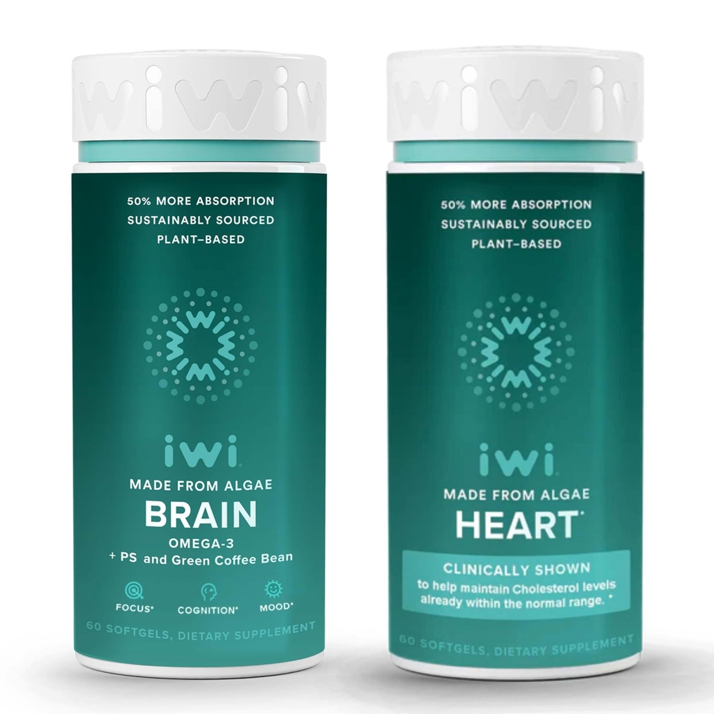 Iwi Life Brain & Heart Omega-3 Bundle, 30 Servierungen, Vegan pflanzenbasierte Algen Omega 3, Krill & Fish Oil Alternative, keine Fishy Nachgeschmack