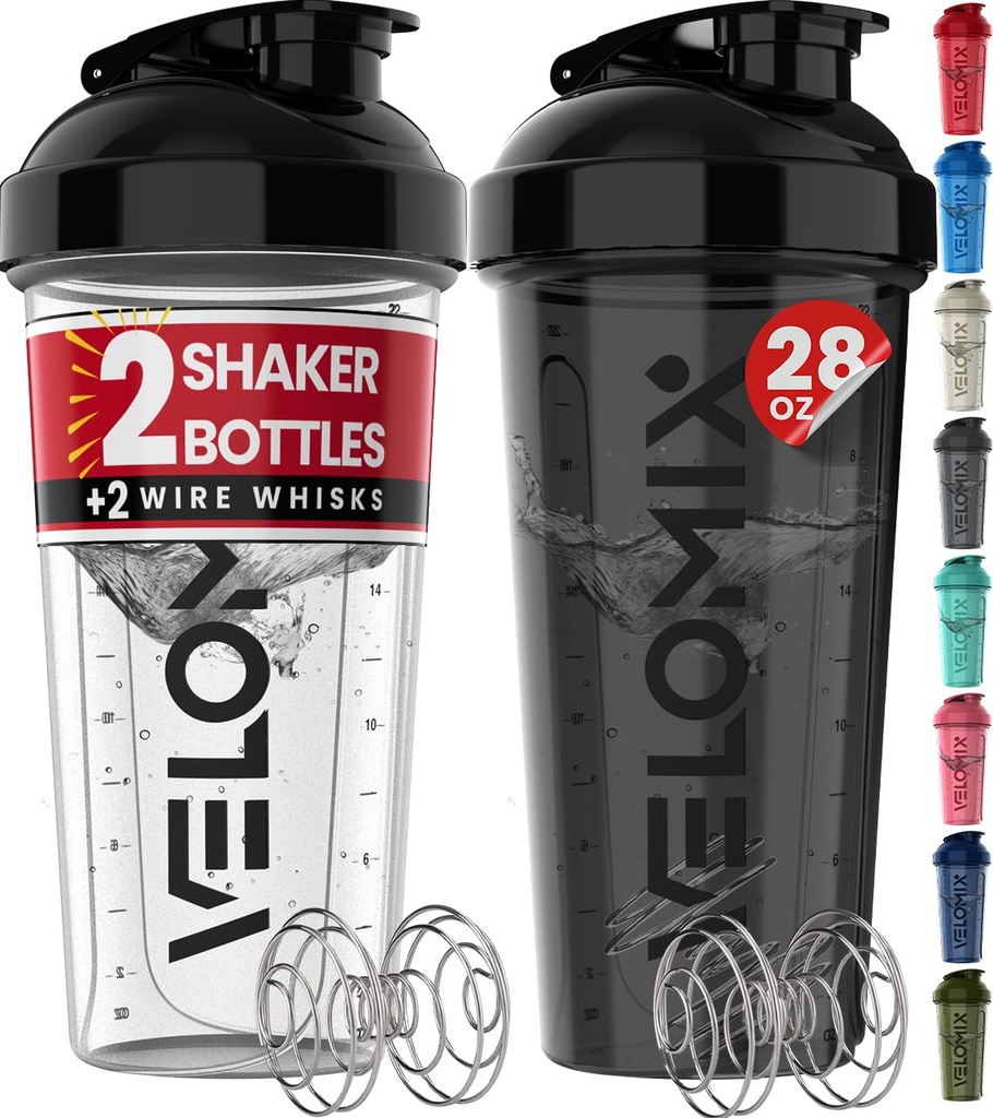 VELOMIX -2 Pack- 28 oz Protein Shaker Flaschen für Proteinmischungen - 2x Wire Whisk | Leak Proof Shaker Cups für Protein Shakes | Protein Shaker Bottle Pack (schwarz/transparent)