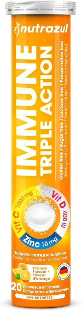 nutrazul Immun Triple Action Brausetablett -1000 mg Vitamin C, Vitamin D, Zink I Orange 20's I Glutenfrei, Zuckerfrei, Lactosefrei & Konservierungsmittelfrei Ich hält Immunfunktion