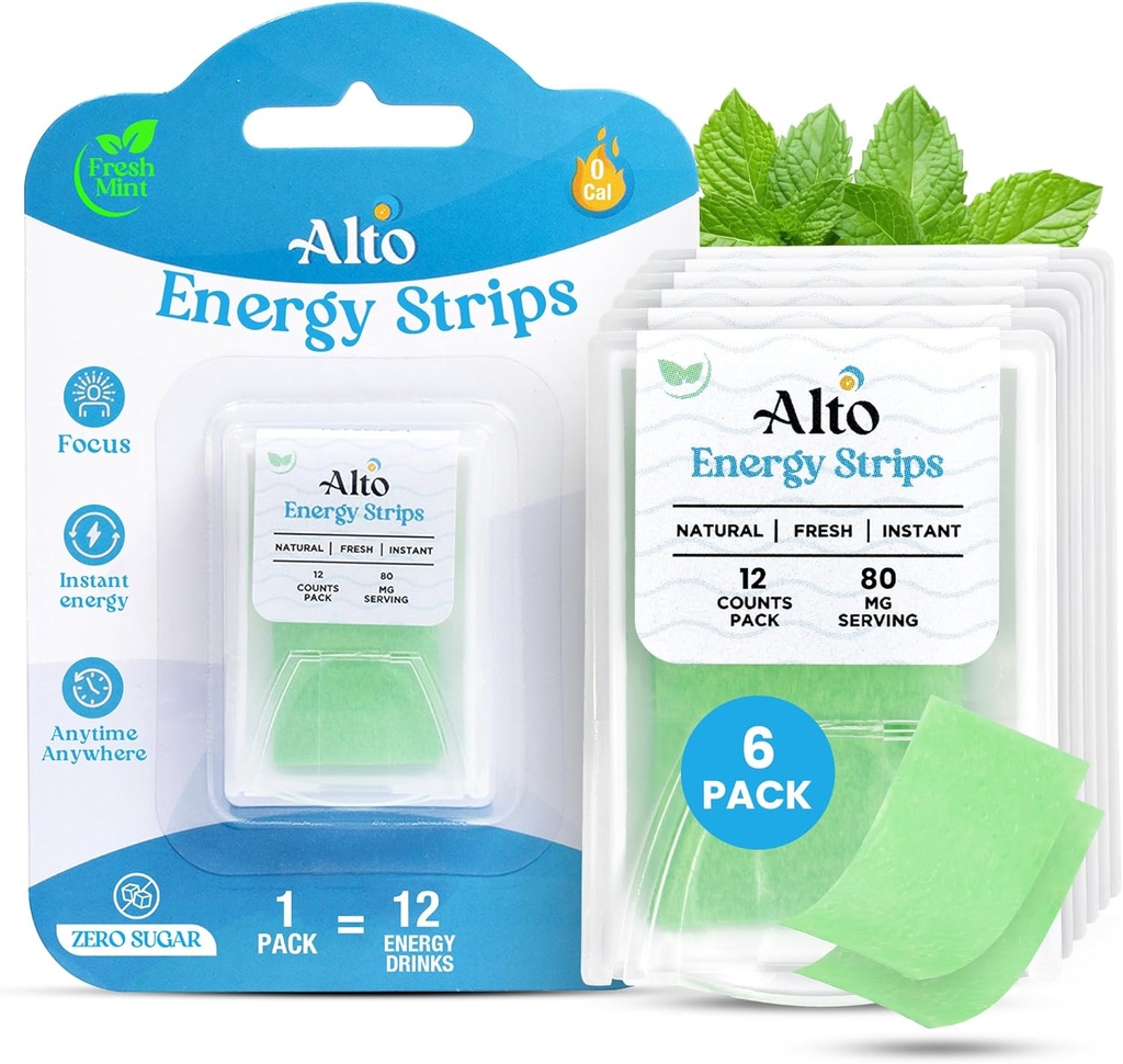 Alto Energy Strips mit 80 mg Natural Caffeine per Serving – 10X schnellere Absorption | 12 Deliciously Minty Strips ≈ 12 Energy Drinks | Energy and Focus Boost Anytime, Anywhere – 6 Pack