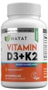 HAYAT Vitamine Vegan Vitamin D3+K2 (5000 IU + 100 MCG), Nahrungsergänzungsmittel für Knochen, Zähne, Muskel- und Immungesundheitsunterstützung, 2 Monate Versorgung, Zertifizierter Halal, 60 Kapseln, Made in USA