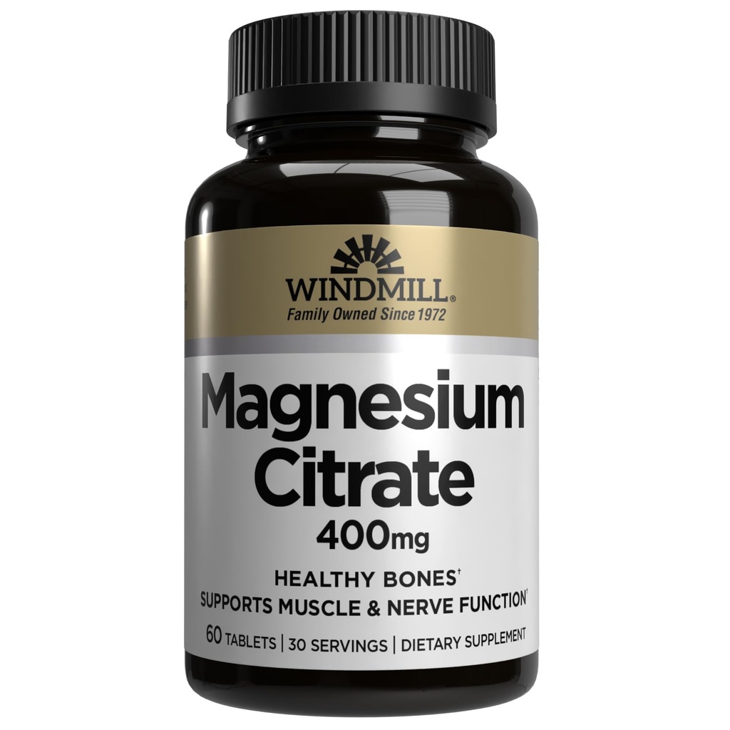 Windmill Vitamines naturelles Citrate de magnésium 400 mg, soutien immunitaire, soutient le coeur en santé, 60 comte, 30 portions
