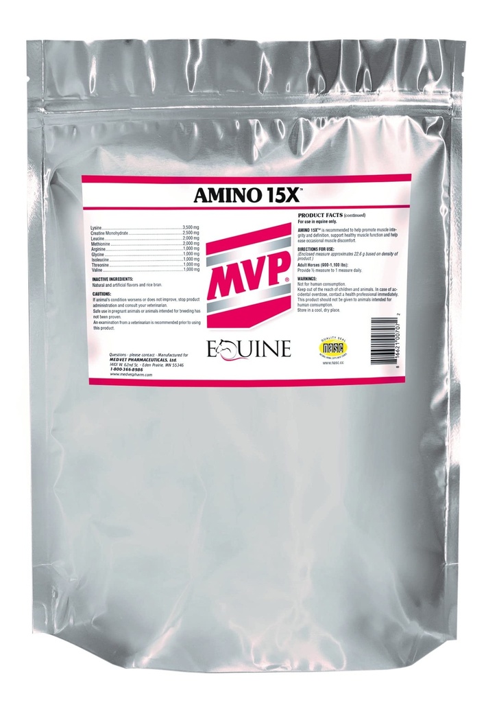 MVP Amino 15X (1,5lb) soutient la fonction musculaire saine, le développement et le rétablissement chez les chevaux.