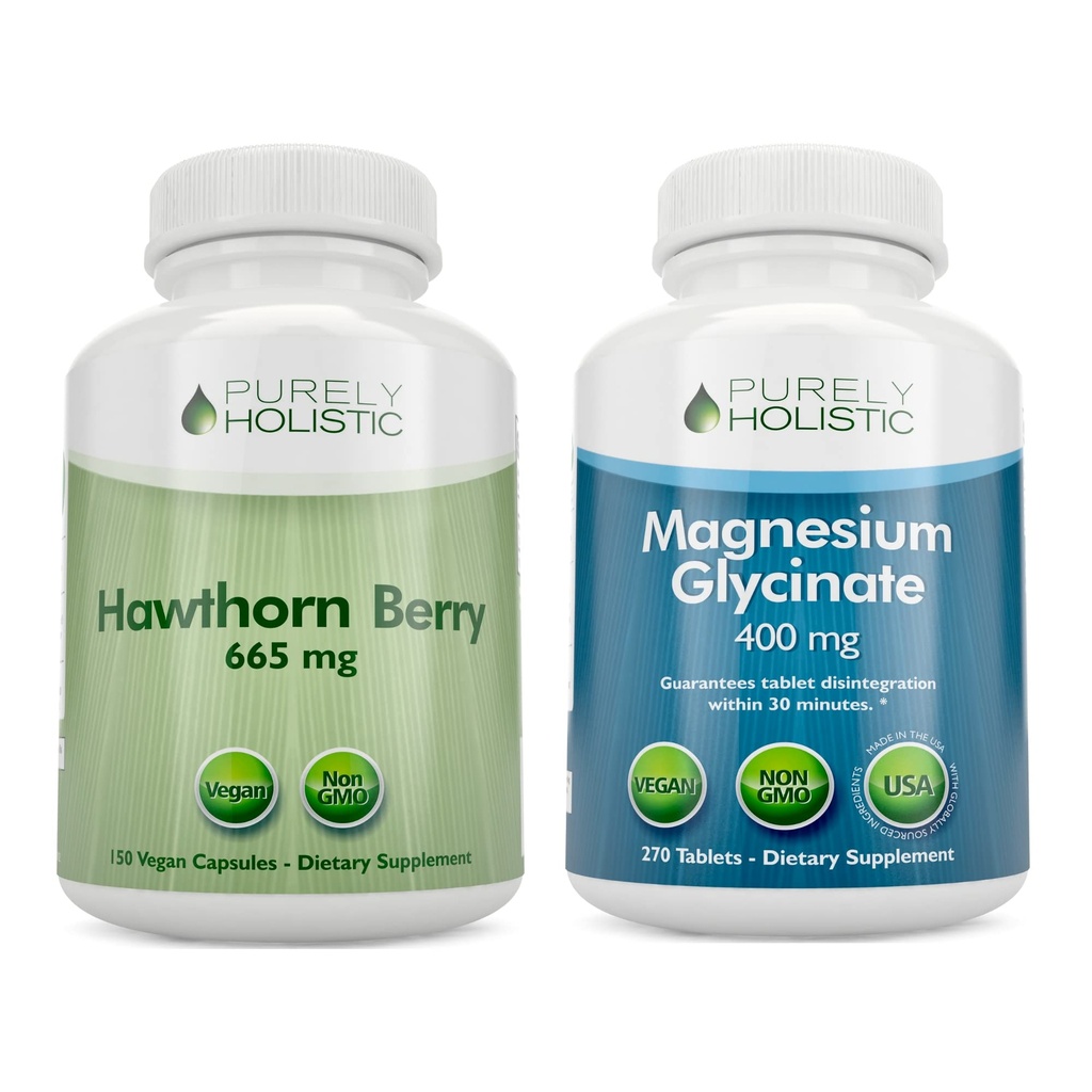 Rein ganzheitliche Hawthorn Berry 665mg + Magnesium Glycinate 400mg + 150 Kapseln & 270 Tabletten - Vegan Bundle - Made in USA
