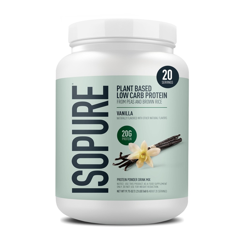 Poudre de protéines à base végétale isopure, sans lactose, sans gluten, avec fer, vanille, 20g de protéines végétales par portion, 1.23 Lb, 20 portions