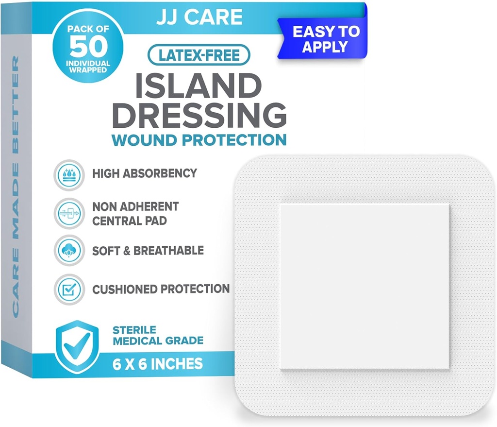 JJ CARE Adhesive Island Dressing [Pack of 50], 6x6 Steril Bordered Gauze Dressing, atmungsaktive Insel Wound Dressing Individuell Wrapped mit hoch absorbierenden Non-Stick Center Pad
