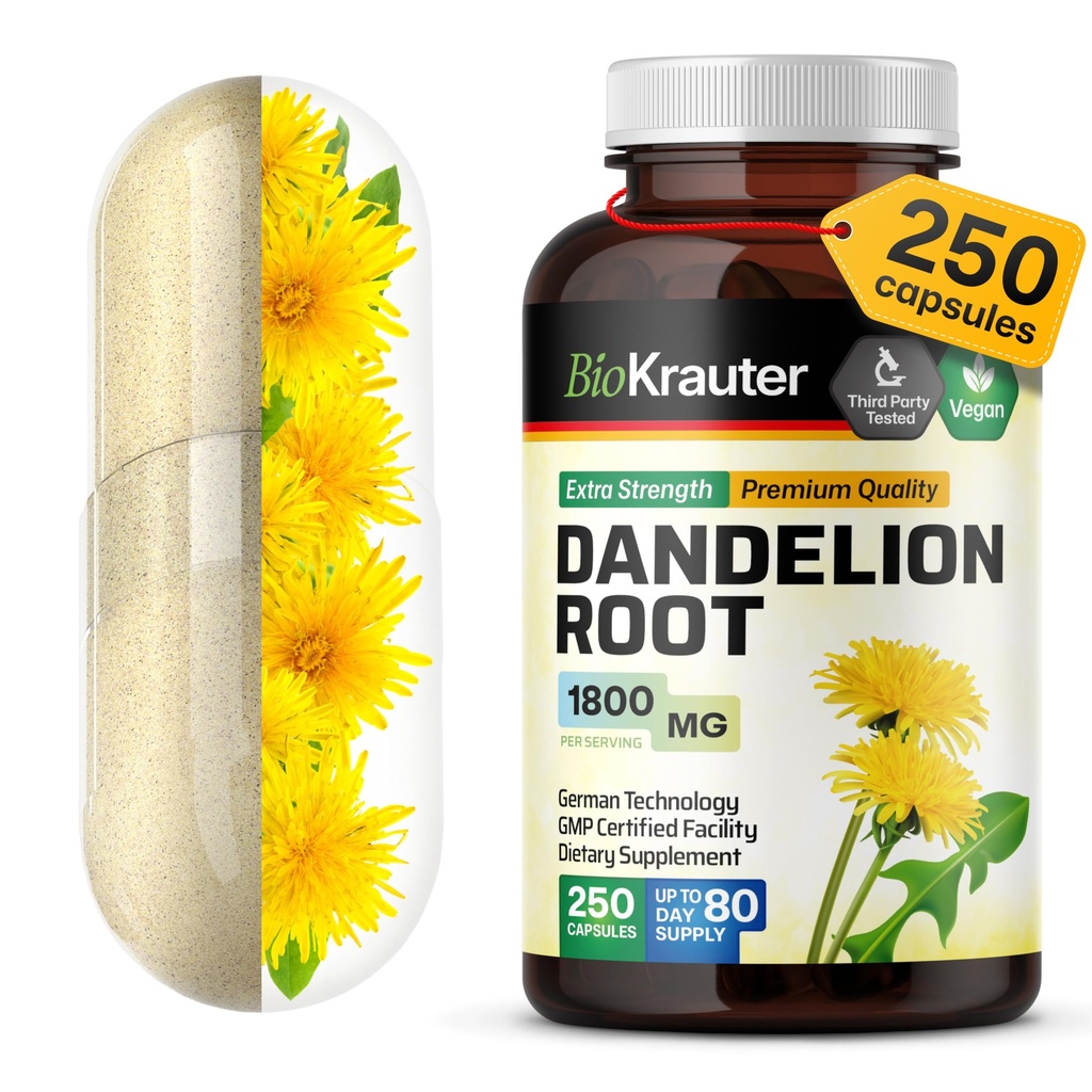 BIO KRAUTER Dandelion Root Supplement - 1800 mg Stärke - 250 Count - Dandelion Root Kapseln - Vegan Kapseln für Leberunterstützung & Immunität