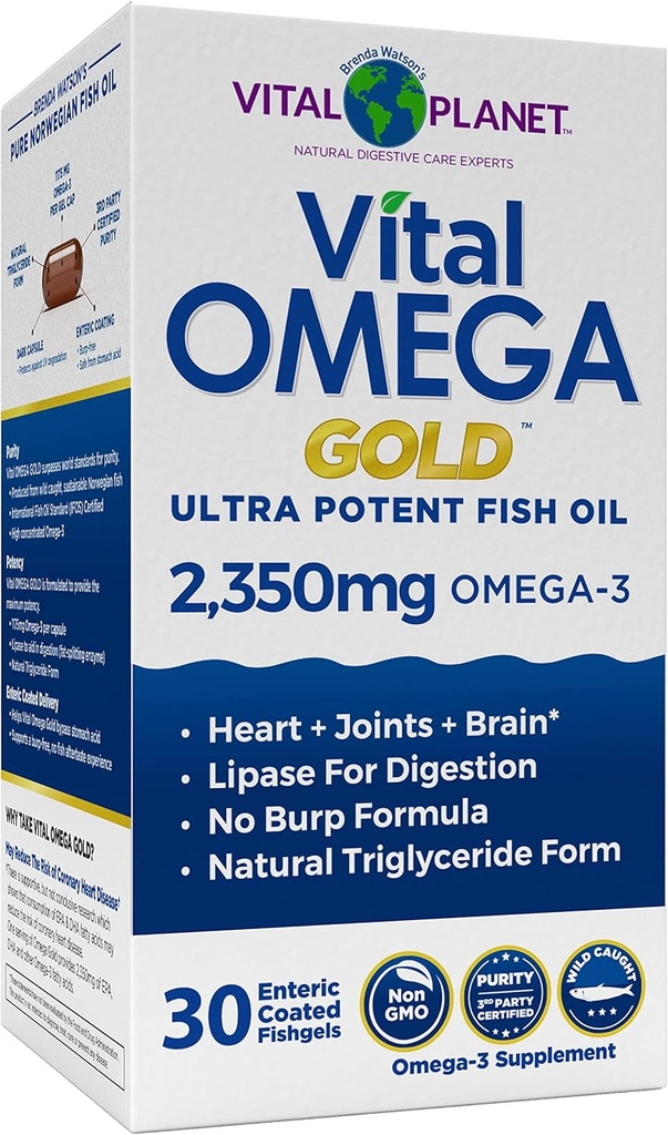 Vital Planet - Vital Omega Ultra Potent Wild Caught Omega 3 Fish Oil Supplement mit 2350 mg High Potency Omega 3 Fatty Acid Supplements EPA und DHA zur Unterstützung von Gehirn und Herzgesundheit 30 Softgels
