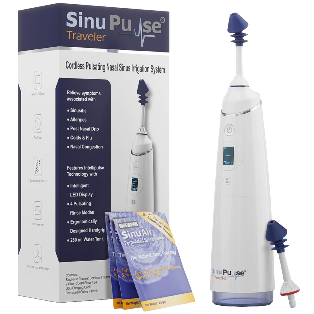 SinuPulse Reisender mit 30 Sinuair-Packets - Cordless Pulsating Nasal Bewässerung Sinus Rinse System, Space Saving Cleaner & Relief Maschine für Reisen, wirksamer als Neti Pot oder Nasenspray Flasche
