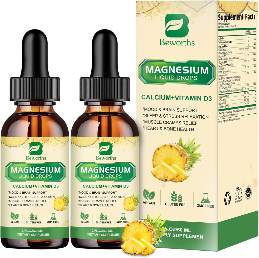 Magnesium Complex Liquid Drops, Magnesium Glycinat Flüssigkeitstropfen mit Magnesium Taurat, Citrat, Calcium, Kalium, Vitamin, Zink (2 Fl Oz (Pack von 2), Ananas)