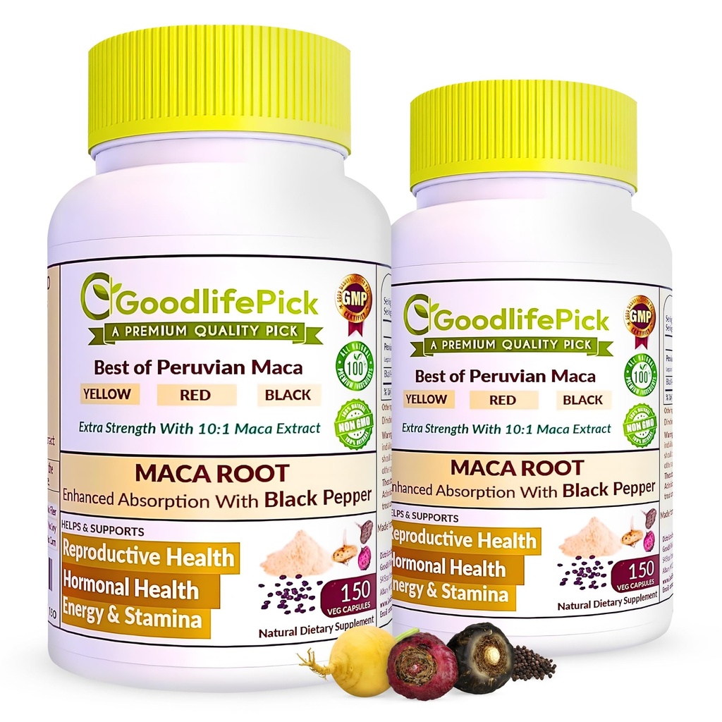 Peruvian Maca Root Capsules mit schwarzem Pfeffer 150 ct. Premium Gelb Maca Red Maca & Schwarz Rot Maca Leistungsstark 10:1 Alle Arten Maca Extrakt Alle natürlichen Non-GMO Vegan NO Rice Pulver NO Stearate NO Silikon