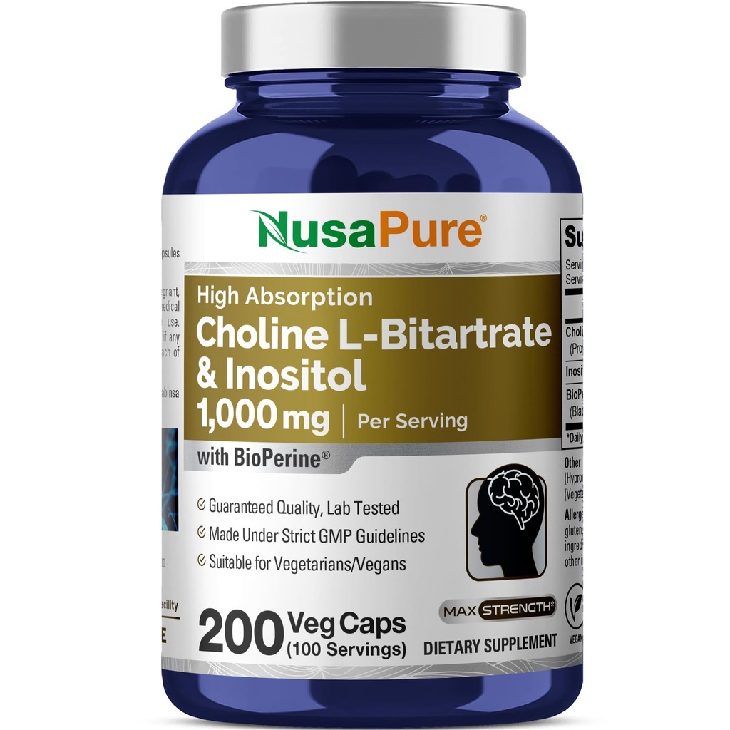NusaPure Choline & Inositol 1000mg - 200 Caps Végétiques (100% Végétarien, non OGM) Biopérine
