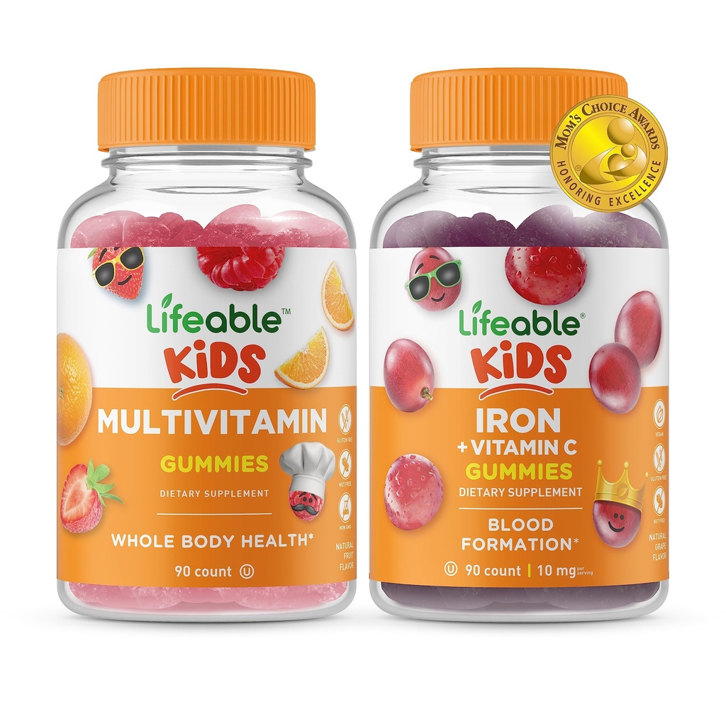 Multivitamine Lifeable Enfants + Fer et Vitamine C Enfants, Gommies Bundle - Grande dégustation, supplément de vitamine, sans gluten, sans OGM, gommy à croquer