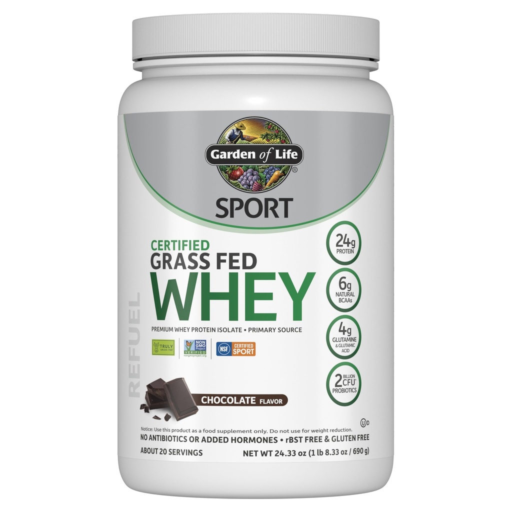 Garden of Life Sport Whey Protein Powder Chocolate, Premium Grass Fed Whey Protein Isolate Plus Probiotiques pour la santé du système immunitaire, 24g Protein, Non OGM, sans gluten, traité à froid - 20 portions