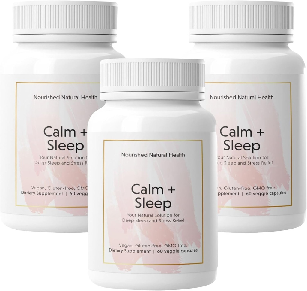 Nourished Natural - Calm + Schlafkapseln für tiefe Erholung & Entspannung mit Ashwagandha, Kamille, Tart Cherry Extract, Passionflower, L-Theanin, & Magnesium - 180 Kapseln