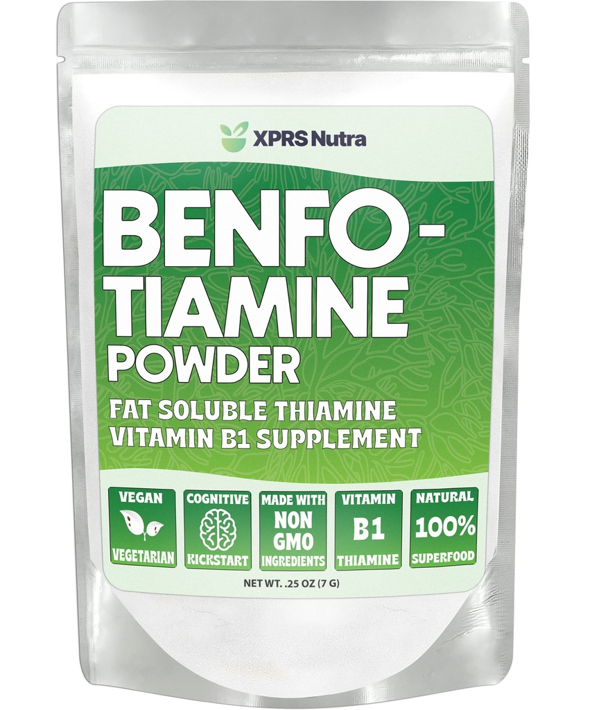 XPRS Nutra Benfotiamine Powder (Thiamine) - Fat Soluble Happy Heart Thiamine Supplement - Advanced Vitamin B1 Benfotiamine for a Cognitive Boost - Vegan Friendly Benfotamine Powder (.25 Unze)