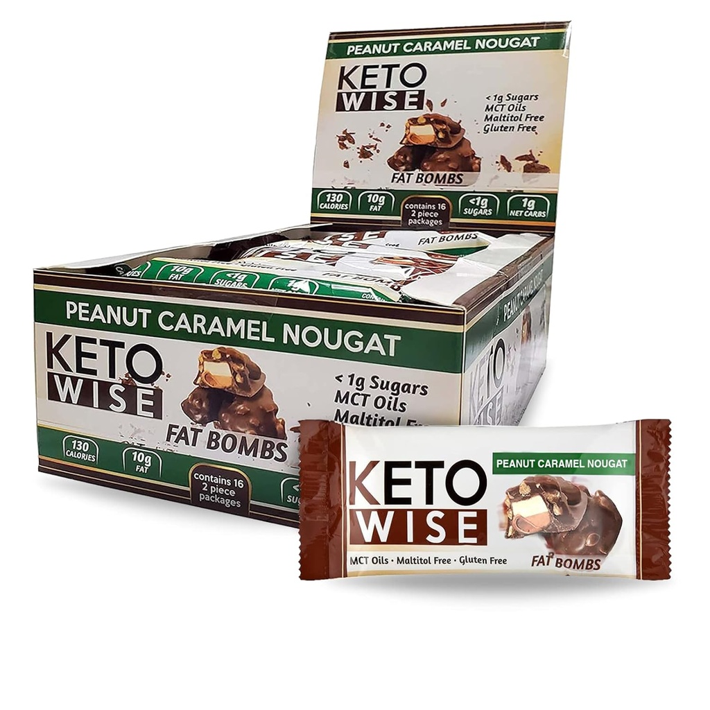 Keto Wise Fat Bombs - Hergestellt mit Schokolade mit MCT-Öl - Low Fat, Low Carb und Keto Friendly Snack - 7g Fat, 2g Net Carbs | Peanut Caramel Nougat, Packung von 16