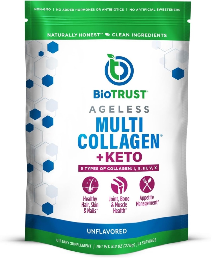 BioTrust Multi Collagen Protein Pulver + Keto MCT Öl – 5 Arten (I, II, III, V, X) & 100% Caprylic Acid C8 - Unterstützung erhöhter Ketone, Stoffwechsel, Gelenke & Schönheit Alle in 1 Collagen Pulver (Unflavored)