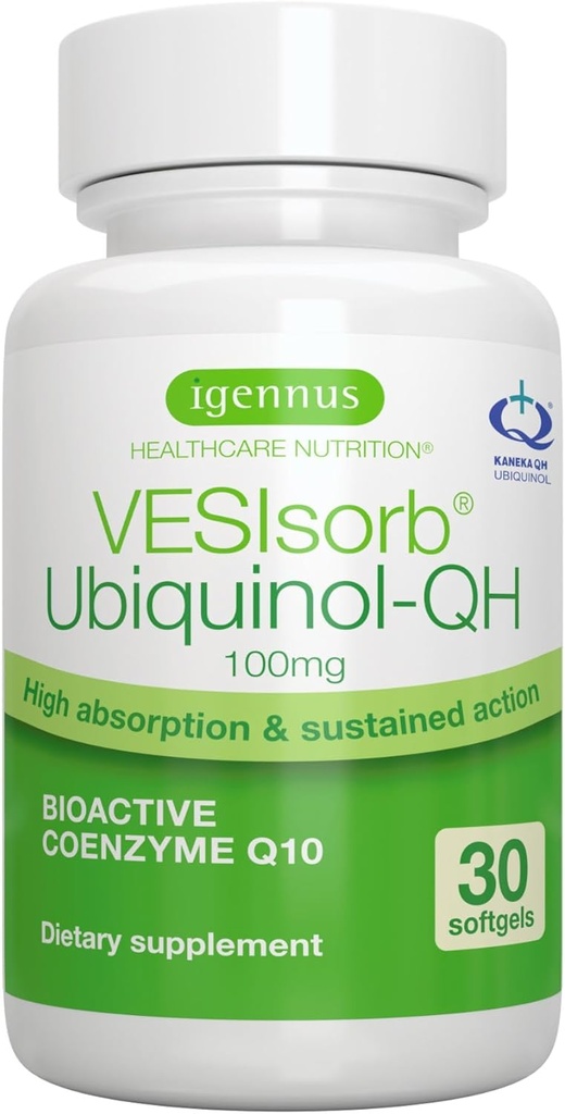 Igennus Advanced VESIsorb Ubiquinol 100mg 30 Softgels, 600% Biodisponibilité, Supplément Coenzyme Eau-Soluble à action rapide Q10 pour l'énergie et le cœur, 1-Mois