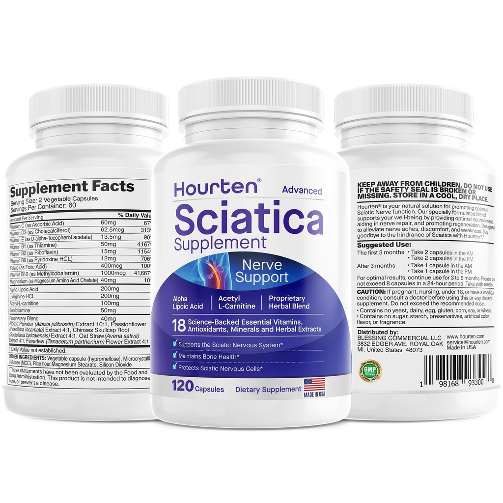 Advanced Sciatic Nerve Support Relief: Alpha Lipoic Acid - 18 in 1 Sciatica Supplements - Vitamin B Complex - Made in USA (120 Count (Pack von 1))