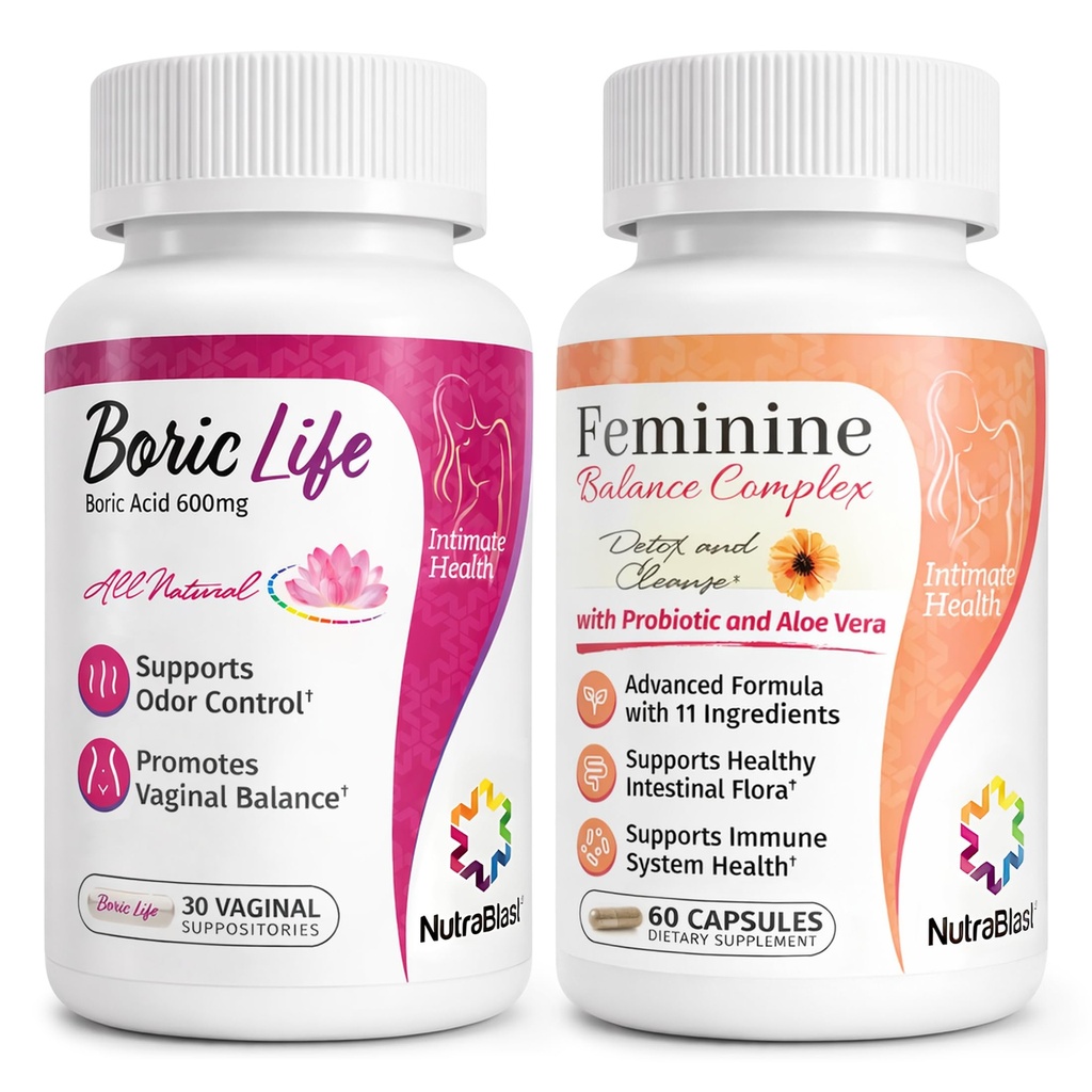 NutraBlast Boric Acid Suppositories 600mg (30 Count) Bundle with Feminine Balance Complex (60 Capsules) | Detox & Cleanse | Supports Healthy Intestinal Flora & Immune System