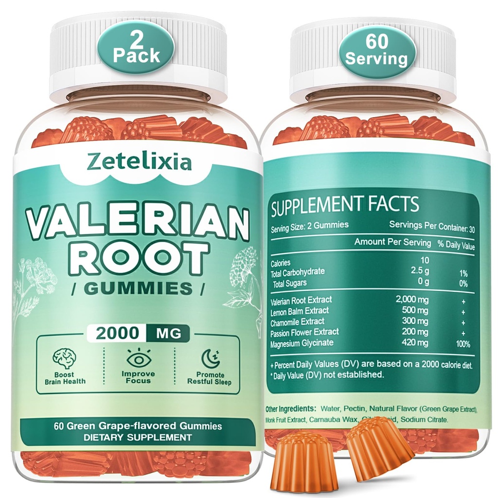 2 Pack Bio Valerian Root Gummis, Natürliche Beruhigung, Kräuter-Ergänzung für Mood-Unterstützung, Melatonin Free, Non-GMO, Glutenfrei, Vegan, Grüner Grape Flavor, 120 Count
