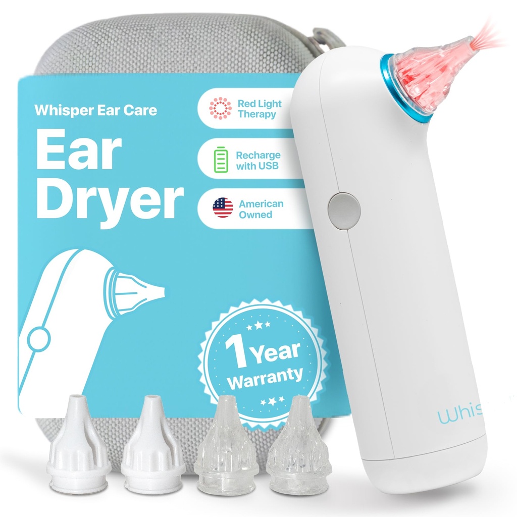 Ear Dryer + Case | USA | 1 Year Warranty | Rechargable Ear Water Drying Aid with Red Light Therapy Delivers Gentle Warm Air to the Ear to Combat Annoying Swimmers Ear Infections as a Ear Fluid Remover