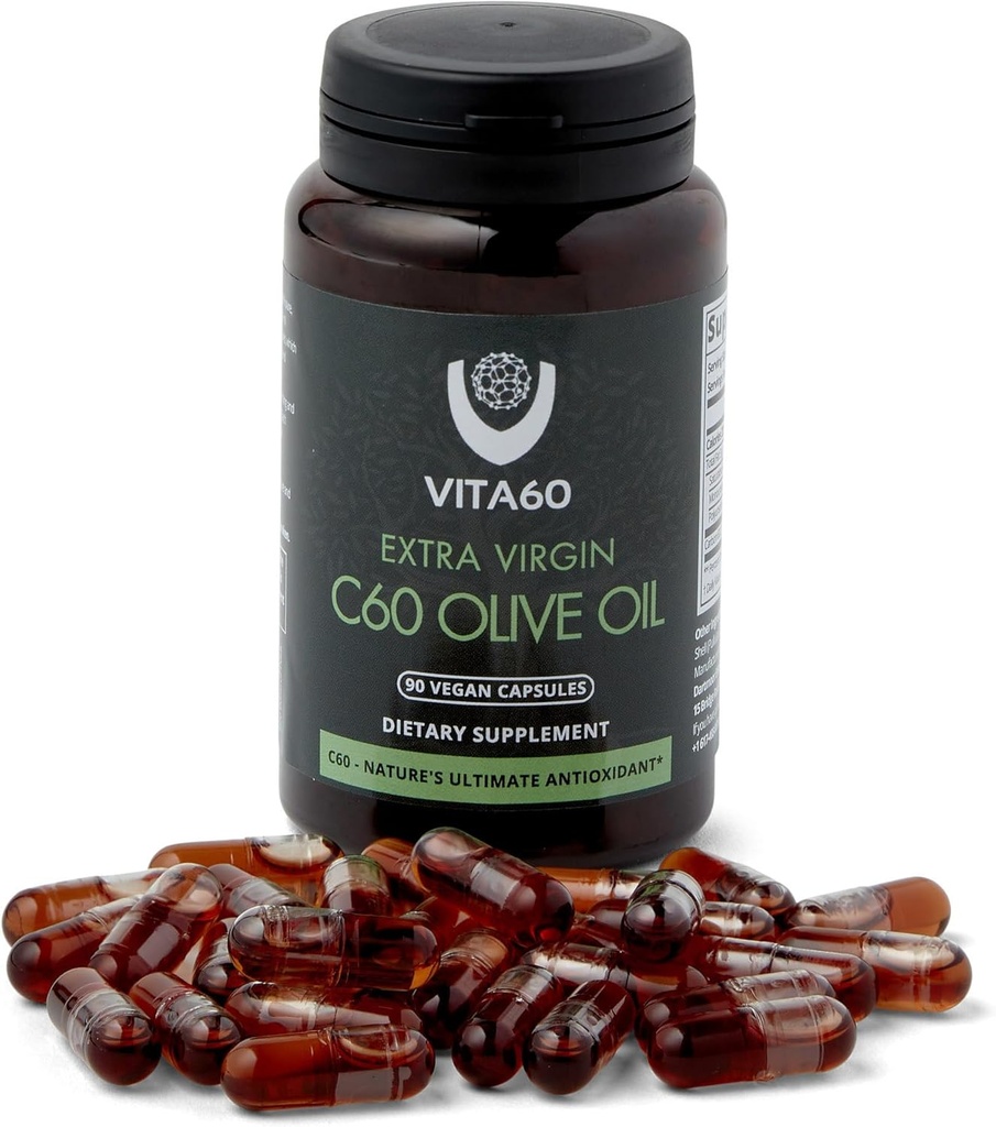 C60 Öl Kapseln | Age-Defying Vitalität und Antioxidans Unterstützung | 99,99% Pure Solvent Free C60 | Organic Oil | Vegan Friendly | Superior Kundenservice (Olive Oil)