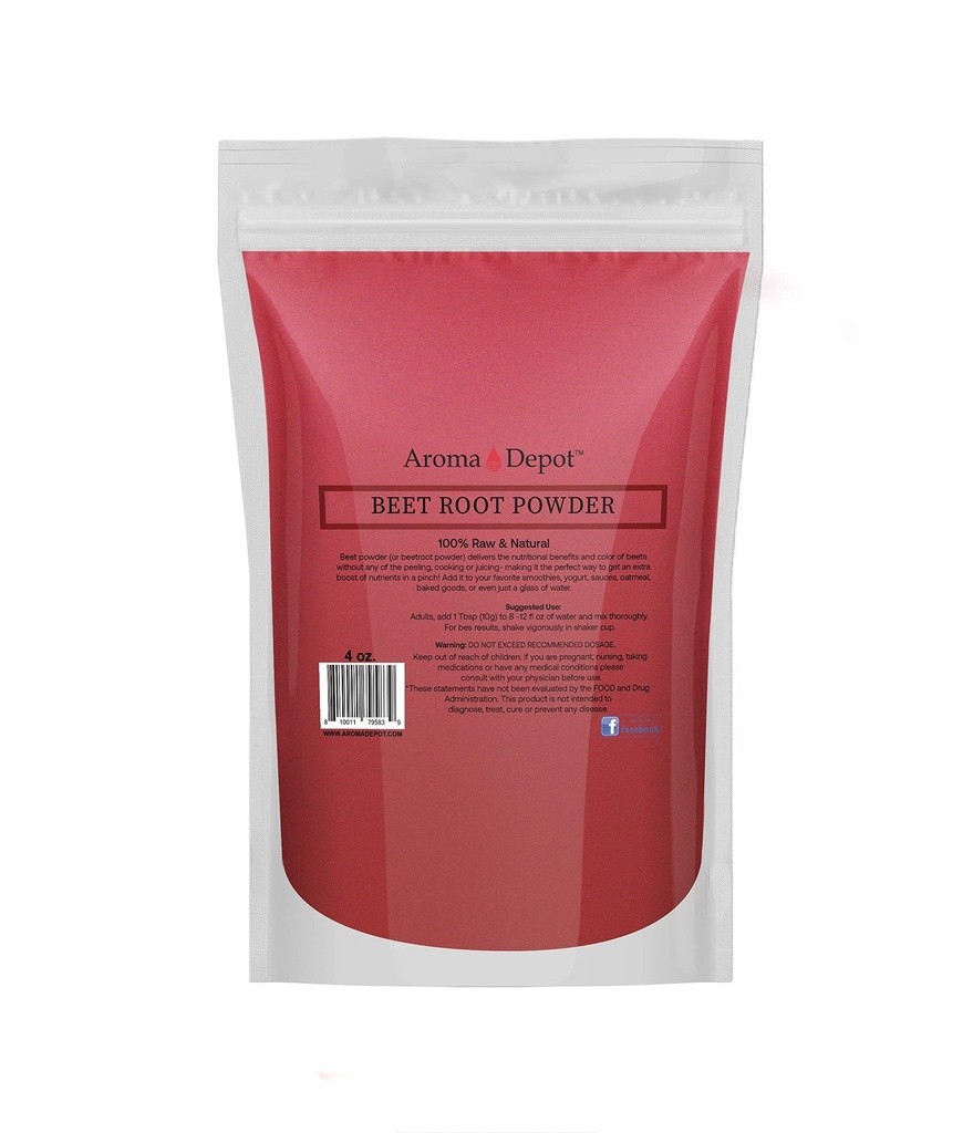 Beet Root Powder 4oz von Aroma Depot Raw & Non-GMO I Vegan & Gluten Free I Nitric Oxid Booster I Boost Stamina und erhöht Energie I Immunsystem Booster I 100% natürlich