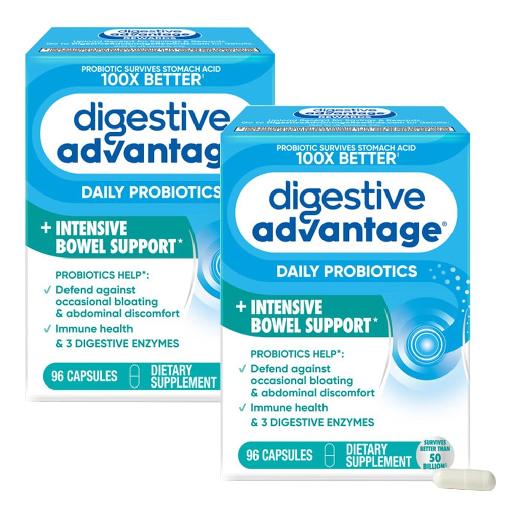 Digestive Advantage IBS Probiotics for Digestive Health & Intensive Bowel Support, für Frauen und Männer mit Verdauungsenzymen, Unterstützung für okziale Bloating & Gut Health, 96ct Capsules (2)