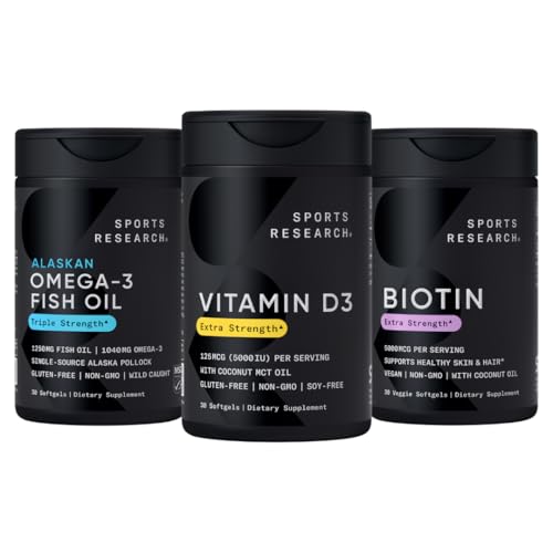 Sportforschung Triple Strength Omega 3 Burpless Fish Oil 1250mg von Wild Alaska Pollock, Vitamin D3 5000 IU mit Kokosnuss-MCT-Öl (125mcg) und Vegan Biotin 5000mcg Vitamin B7-30 Softgels Jede