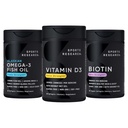Sportforschung Triple Strength Omega 3 Burpless Fish Oil 1250mg von Wild Alaska Pollock, Vitamin D3 5000 IU mit Kokosnuss-MCT-Öl (125mcg) und Vegan Biotin 5000mcg Vitamin B7-30 Softgels Jede