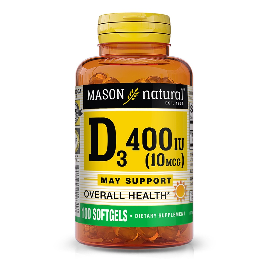 MASON NATURAL Vitamin D3 10 mcg (400 IU) - Unterstützt Gesamtgesundheit, stärkt Knochen und Muskeln, 100 Softgels
