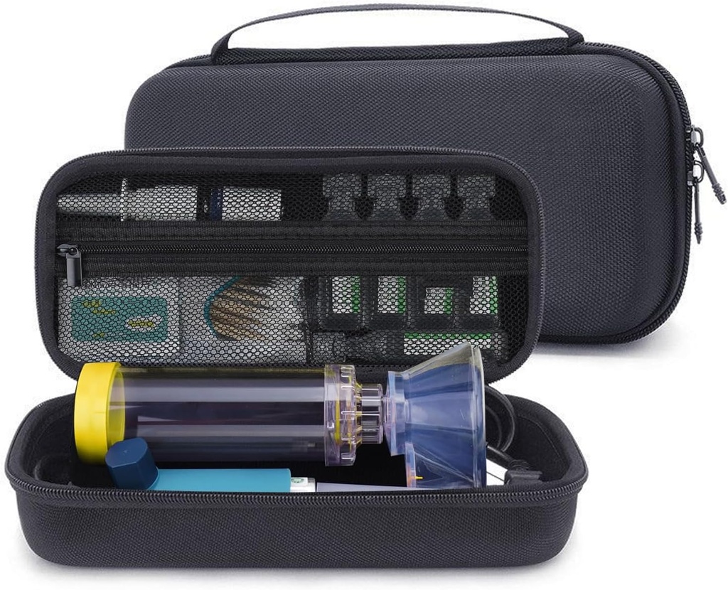 Hard Travel Case für Asthma Inhaler, Spacer für Kinder und Erwachsene, Masken, Inhalator Halter Tragbare Tragetasche Aufbewahrung Organizer mit Mesh Tasche für Medizin, Allergy Meds, Ventolin Inhaler (CASE NUR)