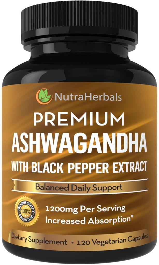 Ashwagandha Ergänzung Hergestellt mit Premium Ashwaganda Wurzelpulver 1200mg mit schwarzem Pfeffer Extrakt für erhöhte Absorption - 120 Vegi Kapseln