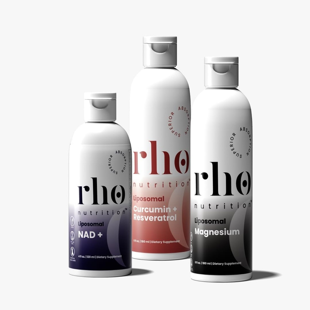 Rho Daily Essentials Wellness Bundle - Commencez votre journée, récupérer dans l'après-midi, et décompresser la nuit avec des suppléments liposomiques à haute absorption – NAD+, Curcumin + Resveratrol, & Magnésium (3 Pack)